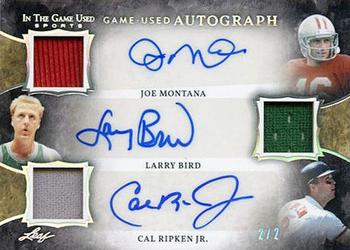 2020 Leaf In The Game Used Sports - In The Game Used Triple Autographs Silver Spectrum Foil #GUTA-04 Joe Montana / Larry Bird / Cal Ripken Jr. Front