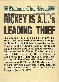 1991 Stadium Club Charter Member #NNO Rickey Henderson Back