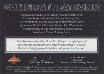 2020 President's Choice Solitaire - Game-Used Emblem Silver #NNO Brendan Shanahan Back