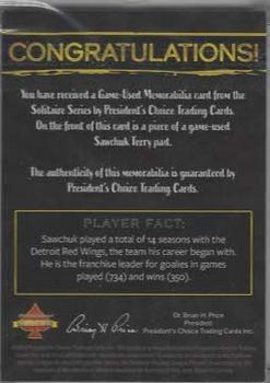 2020 President's Choice Solitaire - Game-Used Memorabilia Small Gold #NNO Terry Sawchuk Back