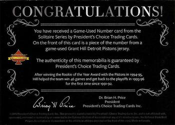 2020 President's Choice Solitaire - Game-Used Number Silver #NNO Grant Hill Back