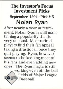 1994 Investor's Focus Investment Picks (unlicensed) - Silver Prism Border #5 Nolan Ryan Back