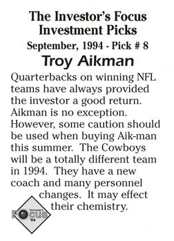 1994 Investor's Focus Investment Picks (unlicensed) - Silver Prism Border #8 Troy Aikman Back