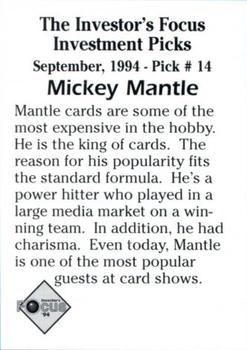 1994 Investor's Focus Investment Picks (unlicensed) - Silver Prism Border #14 Mickey Mantle Back