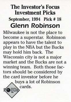 1994 Investor's Focus Investment Picks (unlicensed) - Silver Prism Border #18 Glenn Robinson Back