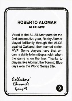 1993 Collectors' Chronicle #9 Roberto Alomar Back