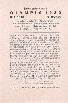 1936 Reemtsma Cigarettes Olympia 1932 Reprint #52 Matti Jarvinen / Matti Sippala / Eino Penttila Back
