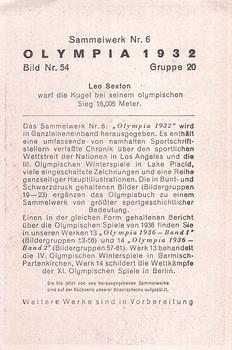 1936 Reemtsma Cigarettes Olympia 1932 Reprint #54 Leo Sexton Back