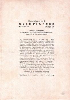 1936 Reemtsma Cigarettes Olympia 1932 Reprint #191 Canada vs USA ice hockey Back