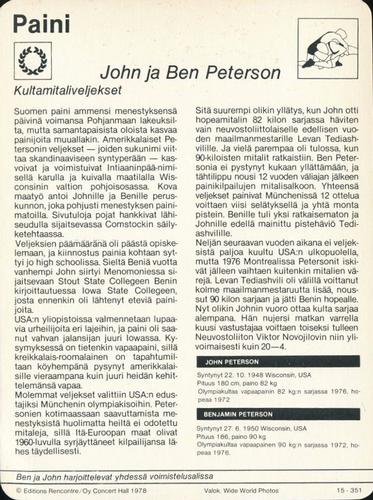 1978 Sportscaster Series 15 Finnish #15-351 John Peterson / Ben Peterson Back