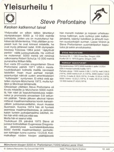 1978 Sportscaster Series 19 Finnish #19-440 Steve Prefontaine Back