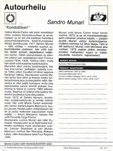 1978 Sportscaster Series 20 Finnish #20-477 Sandro Munari Back