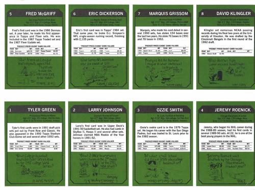 1993 SCD Sports Card Pocket Price Guide - Full Sheets #1-8 Tyler Green / Larry Johnson / Ozzie Smith / Jeremy Roenick / Fred McGriff / Eric Dickerson / Marquis Grissom / David Klingler Back