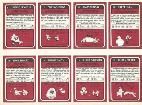 1993 SCD Sports Card Pocket Price Guide - Full Sheets #9-16 Mario Lemieux / Chris Chelios / Mats Sundin / Brett Hull / John Smoltz / Emmitt Smith / Chris Doleman / Ruben Sierra Back