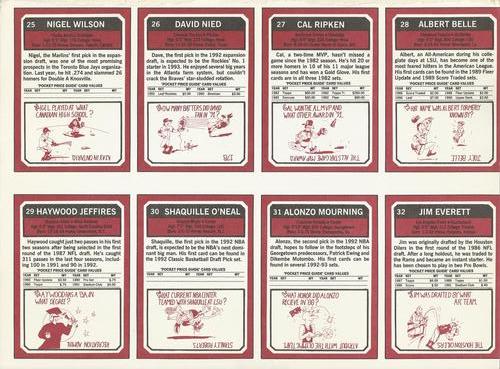 1993 SCD Sports Card Pocket Price Guide - Full Sheets #25-32 Nigel Wilson / David Nied / Cal Ripken Jr. / Albert Belle / Haywood Jeffires / Shaquille O'Neal / Alonzo Mourning / Jim Everett Back