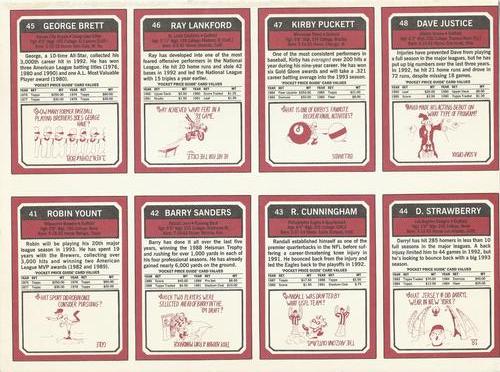 1993 SCD Sports Card Pocket Price Guide - Full Sheets #41-48 Robin Yount / Barry Sanders / Randall Cunningham / Darryl Strawberry / George Brett / Ray Lankford / Kirby Puckett / David Justice Back