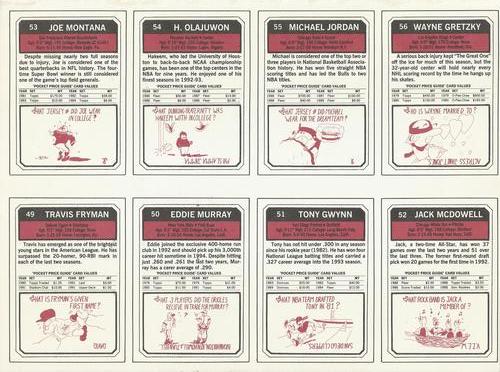 1993 SCD Sports Card Pocket Price Guide - Full Sheets #49-56 Travis Fryman / Eddie Murray / Tony Gwynn / Jack McDowell / Joe Montana / Hakeem Olajuwon / Michael Jordan / Wayne Gretzky Back
