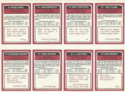 1993 SCD Sports Card Pocket Price Guide - Full Sheets #81-88 Pavel Bure / Juan Gonzalez / Gary Sheffield / Will Clark / Thurman Thomas / Christian Laettner / Karl Malone / Dan Marino Back