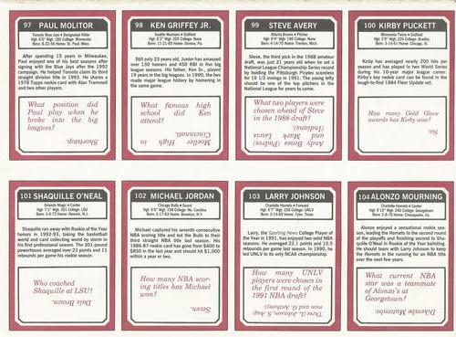 1993 SCD Sports Card Pocket Price Guide - Full Sheets #97-104 Paul Molitor / Ken Griffey Jr. / Steve Avery / Kirby Puckett / Shaquille O'Neal / Michael Jordan / Larry Johnson / Alonzo Mourning Back