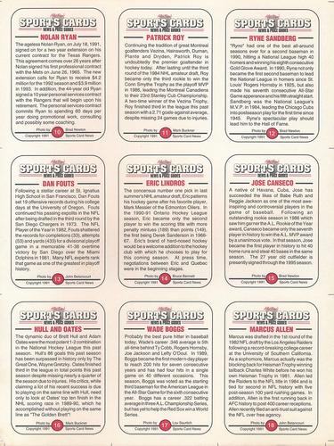 1991 Allan Kaye's Sports Cards News Magazine - Panels Standard-Sized 1991 #10-18 Nolan Ryan / Patrick Roy / Ryne Sandberg / Dan Fouts / Eric Lindros / Jose Canseco / Brett Hull / Adam Oates / Wade Boggs / Marcus Allen Back