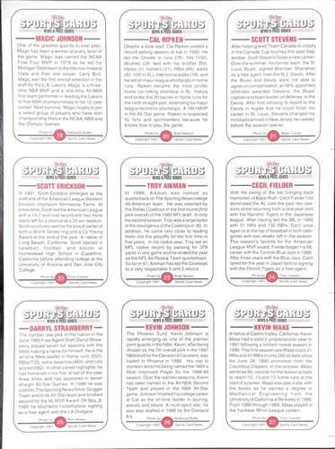 1991 Allan Kaye's Sports Cards News Magazine - Panels Standard-Sized 1991 #19-27 Magic Johnson / Cal Ripken Jr. / Scott Stevens / Scott Erickson / Troy Aikman / Cecil Fielder / Darryl Strawberry / Kevin Johnson / Kevin Maas Back