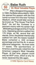 1991 Allan Kaye's Sports Cards News Magazine - Tobacco-Sized Cards 1991-92 #50 Babe Ruth Back
