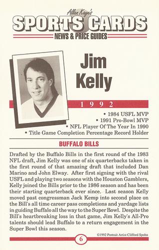 1991 Allan Kaye's Sports Cards News Magazine - Postcards 1991-92 (Portraits) #6 Jim Kelly Back