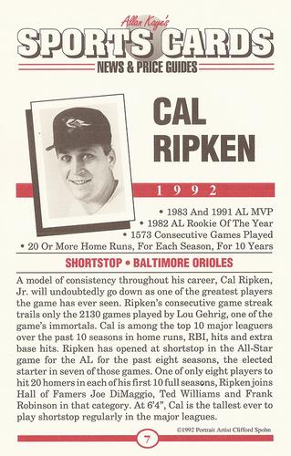 1991 Allan Kaye's Sports Cards News Magazine - Postcards 1991-92 (Portraits) #7 Cal Ripken Back