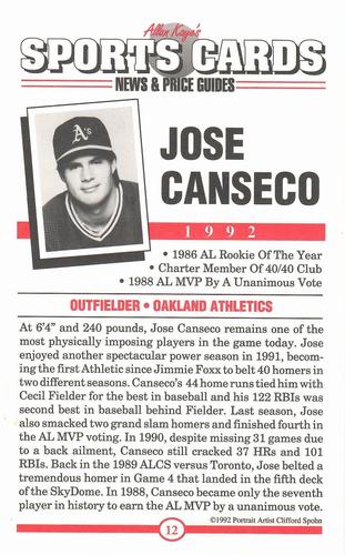 1991 Allan Kaye's Sports Cards News Magazine - Postcards 1991-92 (Portraits) #12 Jose Canseco Back