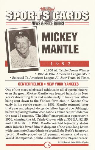 1991 Allan Kaye's Sports Cards News Magazine - Postcards 1991-92 (Portraits) #16 Mickey Mantle Back