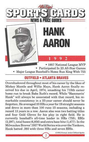 1991 Allan Kaye's Sports Cards News Magazine - Postcards 1992 (Portraits) #2 Hank Aaron Back
