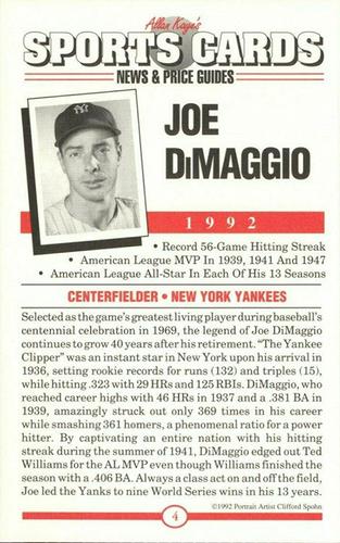 1991 Allan Kaye's Sports Cards News Magazine - Postcards 1992 (Portraits) #4 Joe DiMaggio Back