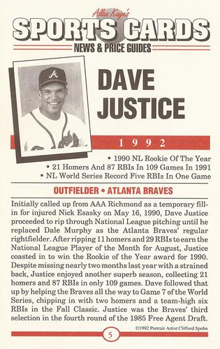 1991 Allan Kaye's Sports Cards News Magazine - Postcards 1992 (Portraits) #5 Dave Justice Back