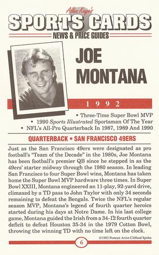 1991 Allan Kaye's Sports Cards News Magazine - Postcards 1992 (Portraits) #6 Joe Montana Back