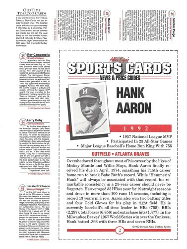1991 Allan Kaye's Sports Cards News Magazine - Panels Postcards and Tobacco-Sized 1991-92 #41-45/2 Satchel Paige / Monte Irvin / Roy Campanella / Larry Doby / Jackie Robinson / Hank Aaron Back