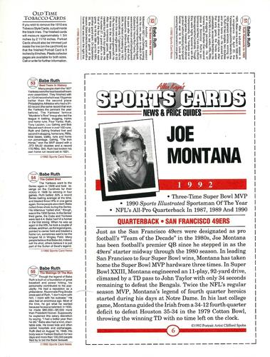 1991 Allan Kaye's Sports Cards News Magazine - Panels Postcards and Tobacco-Sized 1991-92 #51-55/5 Babe Ruth / Joe Montana Back