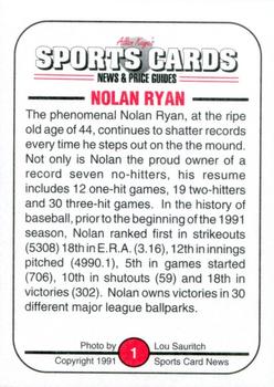 1991 Allan Kaye's Sports Cards News Magazine - Standard-Sized 1991 #1 Nolan Ryan Back