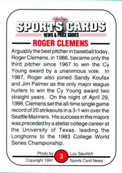 1991 Allan Kaye's Sports Cards News Magazine - Standard-Sized 1991 #3 Roger Clemens Back