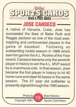 1991 Allan Kaye's Sports Cards News Magazine - Standard-Sized 1991 #15 Jose Canseco Back