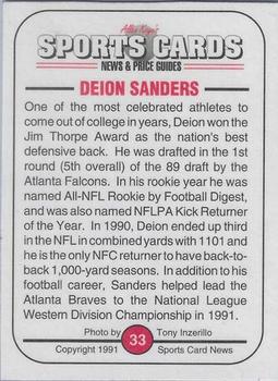 1991 Allan Kaye's Sports Cards News Magazine - Standard-Sized 1991 #33 Deion Sanders Back