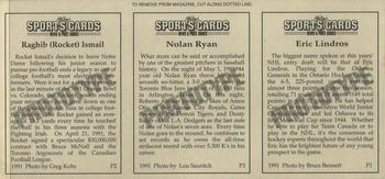 1991 Allan Kaye's Sports Cards News Magazine - Prototypes Panel #P1-P3 Prototype Strip (Eric Lindros / Nolan Ryan / Rocket Ismail) Back