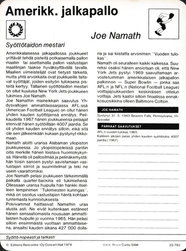1978 Sportscaster Series 33 Finnish #33-782 Joe Namath Back