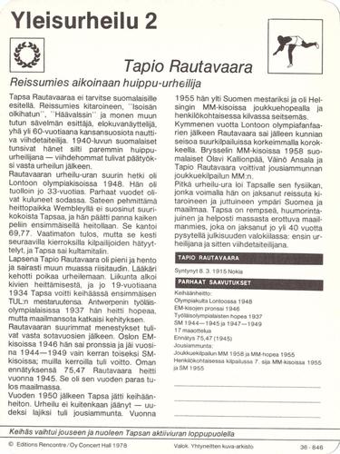 1978 Sportscaster Series 36 Finnish #36-846 Tapio Rautavaara Back