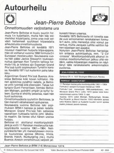 1978 Sportscaster Series 40 Finnish #40-958 Jean-Pierre Beltoise Back
