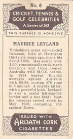 1935 Ardath Cork Cricket, Tennis & Golf Celebrities #6 Maurice Leyland Back
