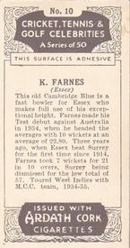 1935 Ardath Cork Cricket, Tennis & Golf Celebrities #10 Ken Farnes Back
