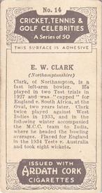1935 Ardath Cork Cricket, Tennis & Golf Celebrities #14 Edward Clark Back