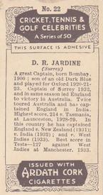1935 Ardath Cork Cricket, Tennis & Golf Celebrities #22 Douglas Jardine Back