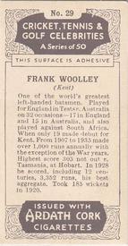 1935 Ardath Cork Cricket, Tennis & Golf Celebrities #29 Frank Woolley Back