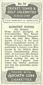 1935 Ardath Cork Cricket, Tennis & Golf Celebrities #32 Dorothy Round Back